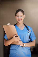 Image showing Clipboard, portrait and happy woman doctor with healthcare service, hospital management and nursing. Face, smile and professional nurse or medical person with checklist for clinic career and mindset