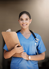 Image showing Clipboard, portrait and woman nurse for healthcare service, hospital documents and nursing registration or information. Face, smile and professional doctor or medical person, checklist and clinic