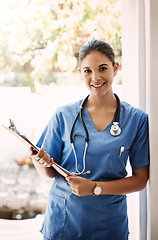 Image showing Happy woman, nurse portrait and clipboard for medical service, hospital documents and nursing administration. Face, smile and professional doctor or healthcare person, checklist and clinic notes