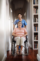 Image showing Caregiver, portrait and woman in wheelchair for homecare helping, healthcare service and disability support. Nurse, disabled patient or mature person, insurance and nursing home, adn and empathy