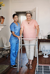 Image showing Nurse, woman with disability and walking frame for homecare support, healthcare helping or muscle rehabilitation. Caregiver, mature patient or people for Parkinson, arthritis or home nursing help