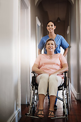 Image showing Senior woman, wheelchair and nurse with homecare helping, healthcare service and disability support. Caregiver, disabled patient or happy person, health insurance and home and rehabilitation