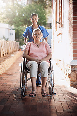 Image showing Senior woman, wheelchair and caregiver in portrait for homecare, healthcare service and disability support outdoor. Nurse helping, disabled patient or person, insurance and garden for mental health