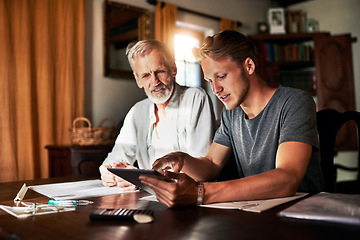 Image showing Tablet, investment or retirement with a father and son in their home for savings, budget or finance planning. Accounting, money or insurance with a man helping his senior pensioner parent in the home