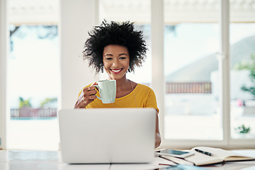 Image showing Laptop, smile and relax with black woman and coffee for planning, website and remote worker. Blog, networking and social media with female freelancer at home for email, technology and internet