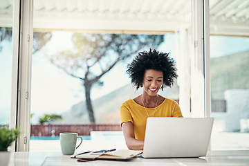 Image showing Laptop, smile and relax with black woman and research for planning, website and remote worker. Blog, networking and social media with female freelancer at home for email, technology and internet
