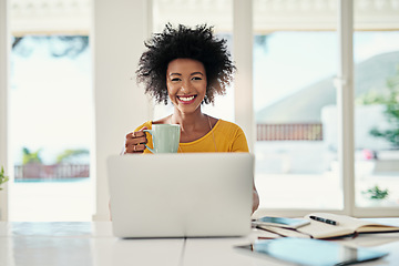 Image showing Laptop, home and coffee with portrait of black woman for planning, website and remote worker. Blog, networking and social media with female freelancer in house for email, technology and internet