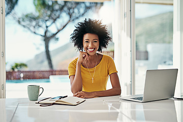 Image showing Laptop, smile and happy with portrait of black woman for planning, website and remote work. Blog, networking and social media with female freelancer at home for email, technology and internet