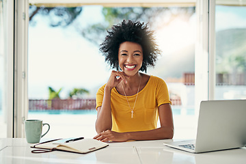 Image showing Laptop, smile and research with portrait of black woman at home for planning, website and remote worker. Blog, networking and social media with female freelancer for email, technology and internet