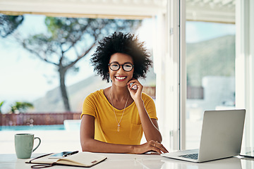 Image showing Laptop, research and relax with portrait of black woman for planning, website and remote work. Blog, networking and social media with female freelancer at home for email, technology and internet