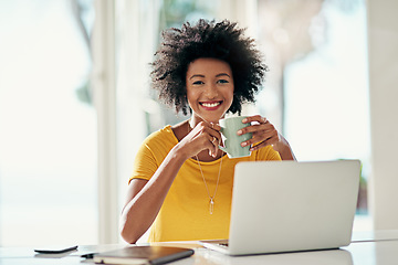 Image showing Laptop, coffee and blog with portrait of black woman for planning, website and remote work. Happy, networking and social media with female freelancer at home for email, technology and internet