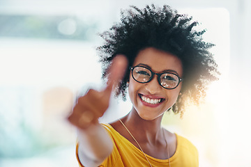 Image showing Woman, thumbs up and happy portrait with a smile for support, thank you or yes. Face of a female model person with glasses, happiness and hand for like, agreement or feedback icon, sign or emoji