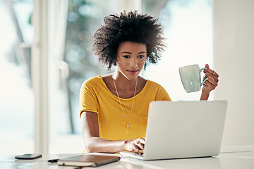 Image showing Laptop, blog and research with black woman and coffee for planning, website and remote work. Relax, networking and social media with female freelancer at home for email, technology and internet