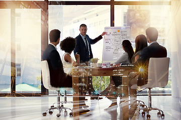 Image showing Meeting, presentation and overlay with a business man talking to his team in the office during a workshop. Planning, strategy or coaching with a male manager teaching his staff about company vision