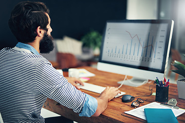 Image showing Business man, financial graph and computer with digital work for online investment data. Finance employee, internet and web chart of a worker looking at stock market information for company job