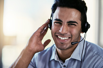 Image showing Customer service agent, smile and portrait of happy man consulting with advice, help and happiness at desk. Phone call, conversation and callcenter consultant speaking into headset in modern office.