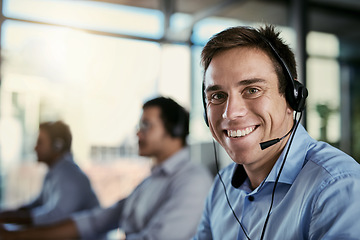 Image showing Customer service, smile and mockup, portrait of happy man in coworking space consulting with advice at help desk. Phone call, conversation and happiness, callcenter consultant with headset in office.