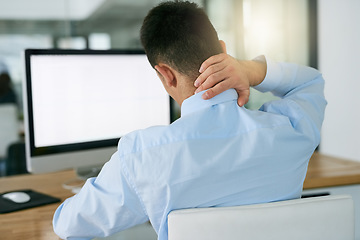 Image showing Neck pain, stress and mockup with man and computer screen for headache, burnout and tired. Anxiety, mental health and injury with male employee in office for frustrated, mistake and muscle