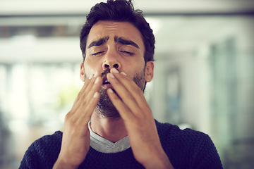 Image showing Business, employee and man sneeze, allergies and flu season with illness, sick and health issue. Male person, agent and consultant with allergy, virus or symptoms with medical problems, sinus or cold