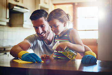 Image showing Cleaning, kitchen and family, father and child for hygiene development, support and helping at home. Learning, teaching and kindergarten girl or kid with dad clean counter with liquid soap and cloth