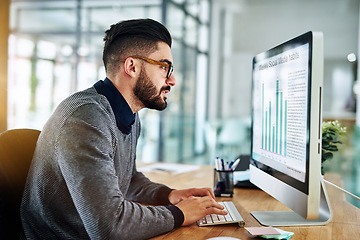 Image showing Business man, computer and chart on desktop using data analytics for SEO research at office desk. Male entrepreneur person typing on pc for information technology, infographics and graph statistics