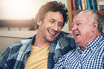 Image showing Happy, relax and senior father with son on sofa for bonding, smile and conversation. Retirement, happiness and generations advice with family in living room at home for weekend, love and discussion