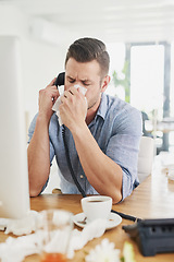 Image showing Business man, blowing nose and phone call with allergy, virus and tissues for healthcare at desk. Sick young businessman, allergies or tired of hayfever, toilet paper and cleaning mucus in workplace