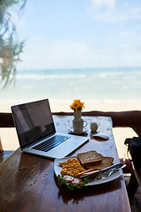 Image showing Laptop, beach or empty table at restaurant at remote online workspace in the morning connection. Background, internet or luxury seaside cafe for digital blog online with brunch meal, coffee or food