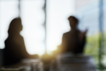 Image showing Silhouette blur, office and business people in meeting for discussion, planning and conversation. Corporate mockup, collaboration and blurred man and woman for communication, networking and teamwork