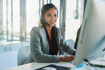 Image showing Call center, computer and smile with portrait of woman in office for customer support, advisory and online. Technology, internet and receptionist with employee for contact us, communication and crm