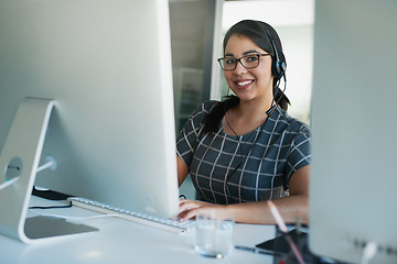 Image showing Call center, computer and consulting with portrait of woman in office for customer support, advisory and online. Technology, internet and receptionist with employee for contact us and communication