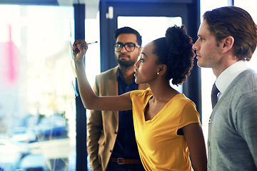 Image showing African woman, writing and team business meeting with moodboard and planning with collaboration. Company, teamwork and diversity with startup working and strategy with notes and schedule plan