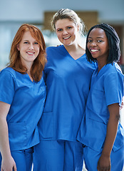 Image showing Portrait, nurses and team in a hospital, healthcare and happiness with doctors, career and friends. Medical student, surgeons or staff in uniform, wellness or teamwork with success or professional