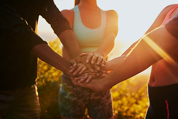 Image showing Hands together, fitness group success and outdoor with goal, workout and teamwork in nature. Exercise, sport and people with hand united for support, training and motivation with solidarity