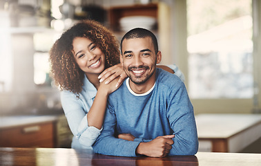 Image showing Love, marriage and portrait of happy couple in kitchen of home with smile, embrace and healthy relationship. Happiness, man and woman with pride, affection and romance, young people in new apartment.