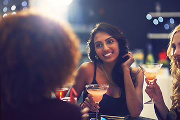 Image showing Relax, group and friends with cocktails, nightclub and happiness at a party, event and celebration. Female people, women and girls with drinks, mocktails and alcohol with fun and social gathering