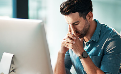 Image showing Business man with headache, burnout and computer problem with anxiety, crisis and brain fog in office. Stress, fatigue and frustrated worker at desktop pc for mistake, online glitch and tired of risk