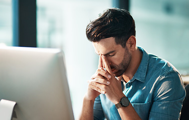 Image showing Headache, stress and tired business man at computer in office for anxiety, crisis or technology problem. Burnout, fatigue and frustrated worker at desktop pc with mistake, online glitch or depression