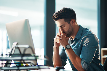 Image showing Man, headache and stress at computer in office for problem, burnout and crisis of anxiety, brain fog and pain. Tired, frustrated and sad worker at desktop for mistake, online glitch and bankruptcy