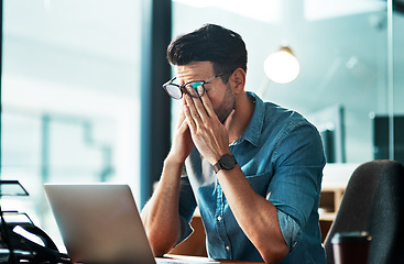 Image showing Headache, stress and tired business man at laptop in office for anxiety, debt crisis and eye strain problem. Burnout, fatigue and worker at computer with pain, brain fog and frustrated with mistake