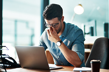 Image showing Eye pain, headache and business man at laptop with anxiety, mental health problem and brain fog. Tired, frustrated and stress of worker at computer with fatigue, burnout and crisis of mistake online