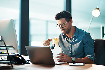 Image showing Unhappy business man eating noodles in office at laptop in startup agency with disgust, upset or problem. Frustrated, sad and angry male employee with bad fast food at computer for working in company