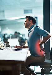 Image showing Red back pain, stress and business man with muscle injury, health risk and fatigue in desk chair. Uncomfortable employee with spine problem, bad posture and injured body from anxiety, burnout or sick