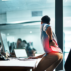 Image showing Back pain, injury and business man at desk with red muscle, health risk and fatigue in office. Uncomfortable employee with spine problem, bad posture and injured body with glow of burnout from stress