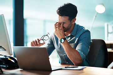 Image showing Eye strain, headache and business man at laptop with stress, mental health problem and brain fog. Tired, frustrated and confused worker at computer with fatigue, burnout and pain of vertigo in office