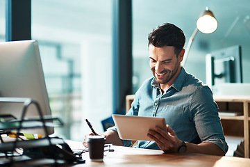 Image showing Business man, tablet and writing notes in office for planning, connection and internet research in agency. Happy male worker, digital technology and strategy for online information, insight and app