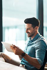 Image showing Business man, tablet and smile in office for planning, connection or internet research in mockup agency. Happy male worker, digital technology and developer of online information, insight and iot app