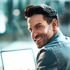 Image showing IT man, face and smile for portrait in office with confidence, and commitment to company business. Happy male entrepreneur working in startup agency with pride, professionalism and motivation