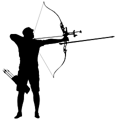 Image showing Silhouette attractive male archer bending a bow and aiming in the target