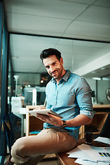 Image showing Portrait of happy man, tablet and office for planning, data update and internet research in business. Young male employee, digital technology and strategy for online information, insight and iot app